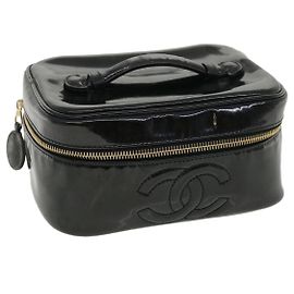 CHANEL Vanity Cosmetic Pouch patent Black CC Auth 34355 Black