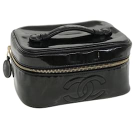 Chanel-CHANEL Vanity Cosmetic Pouch patent Black CC Auth 34355-Black