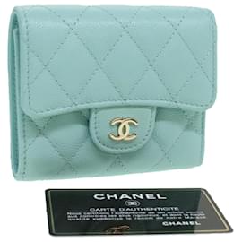 Chanel-CHANEL Portefeuille à Trois Volets Caviar Skin Bleu Clair CC Auth am3599-Bleu clair