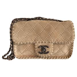 Chanel-Chanel Classic Flap Beige Quilted Suede Whipstitch Small Shoulder Bag-Beige
