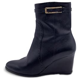 Salvatore Ferragamo-Black Leather Wedges Ankle Boots Shoes Size 6.5 C-Black