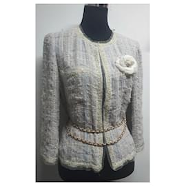 Chanel-Chanel tweed jacket + brooch 40-Beige,Grey,Light blue