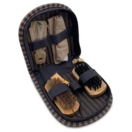 Fendi-Vintage Black Canvas Pequin Shoe Shine Set Kit Zippered Pouch-Black