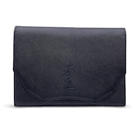 Yves Saint Laurent-Vintage Black Leather YSL Logo Clutch Bag Handbag-Black