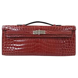 Hermès-Hermès Crocodile Kelly Cut Clutch-Dark red