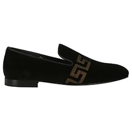 Versace-Versace Greca Embroidered Velvet Loafers-Black