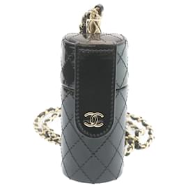 Chanel-CHANEL Matelasse Chain Lip Case Pouch Cuir Verni Noir CC Auth 35073A-Noir