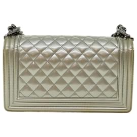 Chanel-CHANEL Boy Chanel Chain Shoulder Bag Patent Leather Silver CC Auth 35292a-Silvery