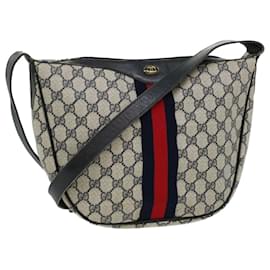 Gucci-GUCCI GG Canvas Sherry Line Shoulder Bag Gray Red Navy Auth tb423-Red,Grey,Navy blue