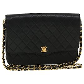Chanel-CHANEL Matelasse Chain Shoulder Bag Lamb Skin Black CC Auth ar8692-Black