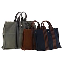 Hermès-HERMES Her Line Tote Bag Canvas 3Set Gray Brown Navy Auth ar8612-Brown,Grey,Navy blue