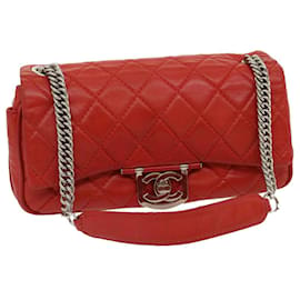 Chanel-CHANEL Matelasse Chain Flap Shoulder Bag Lamb Skin Turn Lock Red CC Auth 35174a-Red