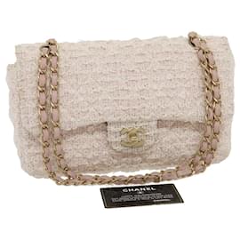 Chanel-CHANEL Matelasse Tweed Turn Lock Chain Shoulder Bag White Pink CC Auth 35175a-Pink,White