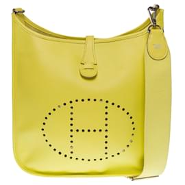 Hermès-The iconic and luminous Hermes Evelyne PM shoulder bag in lime yellow epsom leather,-Yellow