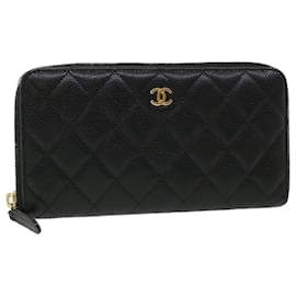 Chanel-CHANEL Matelasse Long Wallet Caviar Skin Black CC Auth 34333-Black