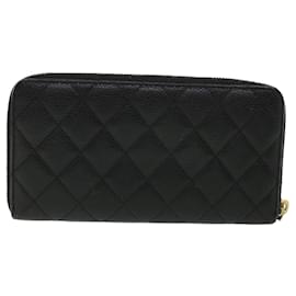 Chanel-CHANEL Matelasse Long Wallet Caviar Skin Black CC Auth 34333-Black