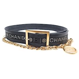 Chanel-VINTAGE CHANEL T BELT70 IN BLACK LEATHER CC LOGO AND GOLDEN CHAIN MEDALLION BELT-Black