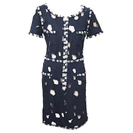 Chanel-NEW CHANEL DRESS WITH HOLE EFFECT IN TWEED 44 XL P41111W04915 NAVY BLUE DRESS-Black