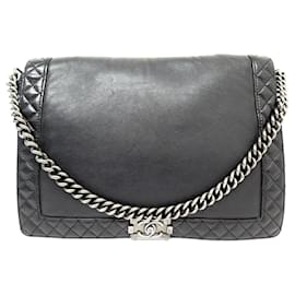Chanel-CHANEL BOY XL SMOOTH LEATHER & BLACK QUILTED HANDBAG 35CM + HAND BAG BOX-Black
