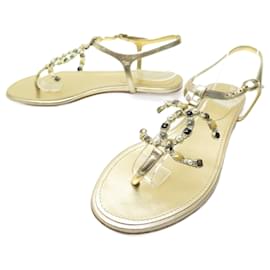 Chanel-NEW CHANEL SANDAL SHOES CC LOGO FLIP FLOPS 36.5 IN GOLD LEATHER NEW SHOES-Golden