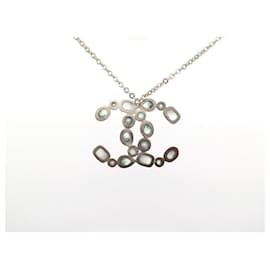 Chanel-NEW CHANEL NECKLACE PENDANT LOGO CC & BLUE STONES 35-40 CM STONE NECKLACE-Silvery