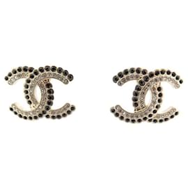 Chanel-NEW EARRINGS CHANEL LOGO CC lined ROW BLACK STRASS EARRINGS NEW-Golden