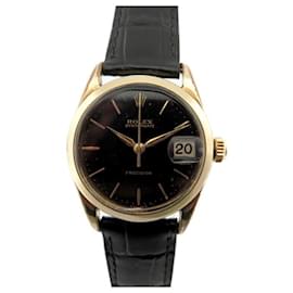 Rolex-VINTAGE ROLEX OYSTERDATE PRECISION WATCH 29 MM MECHANICAL GOLD PLATED & LEATHER WATCH-Golden