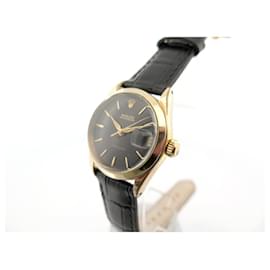 Rolex-VINTAGE ROLEX OYSTERDATE PRECISION WATCH 29 MM MECHANICAL GOLD PLATED & LEATHER WATCH-Golden