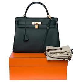 Hermès-Splendid Hermes Kelly handbag 32 II reversed in Cypress Green Taurillon Clémence leather-Green