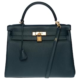 Hermès-Splendid Hermes Kelly handbag 32 II reversed in Cypress Green Taurillon Clémence leather-Green