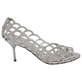 Sergio Rossi-Sergio Rossi Mermaid Cut-Out Crystal Embellished Open Toe Pumps in Silver Leather-Silvery