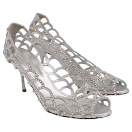 Sergio Rossi-Sergio Rossi Mermaid Cut-Out Crystal Embellished Open Toe Pumps in Silver Leather-Silvery