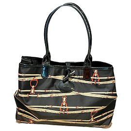Authentische Originale Longchamp Rozo Wende-Einkaufstasche Schulter Nylon x Ledergürtel Muster Schwarz Damen Schwarz