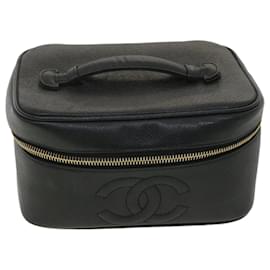 Chanel-CHANEL Vanity Cosmetic Pouch Caviar Skin Black CC Auth bs3688-Black