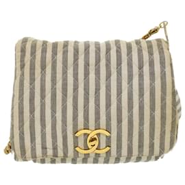 Chanel-CHANEL Striped Matelasse Chain Shoulder Bag Canvas White Gray CC Auth bs3642-White,Grey