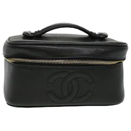 Chanel-CHANEL Vanity Cosmetic Pouch Caviar Skin Black CC Auth bs3629-Black