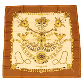 Hermès-HERMES CARRE 90 PARURES DES SABLES Scarf Silk Brown Gold Auth 34562-Brown,Golden