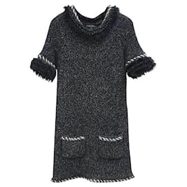 Chanel-CHANEL Fall 2010 Black & White Tweed Cashmere Fur Fringe Dress  Sz.36-Multiple colors
