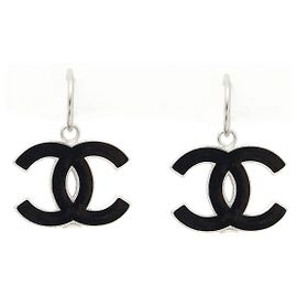 Chanel XL BLACK CC ON SILVER HOOPS Silvery