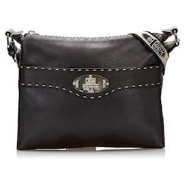 Fendi-Selleria Leather Crossbody Bag-Brown