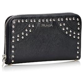 Prada-Saffiano Studded Zip Around Wallet-Black