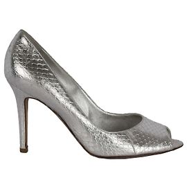 Sergio Rossi Silver Snake Effect Peeptoe Heels Silvery