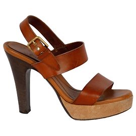 Saint Laurent Brown Leather Strap Platform Heels Brown