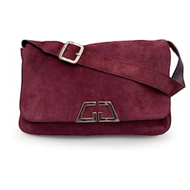Gucci-Vintage Burgundy Suede Flap Unisex Large Shoulder Bag-Red