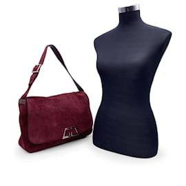 Gucci-Vintage Burgundy Suede Flap Unisex Large Shoulder Bag-Red