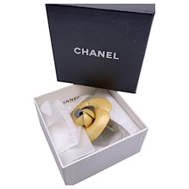 Chanel-Vintage Yellow Leather Camelia Camellia Flower Pin Brooch w/Box-Yellow