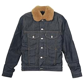 Sandro-Sandro Paris Shearling Trucker Jacket in Blue Cotton Denim-Blue,Navy blue