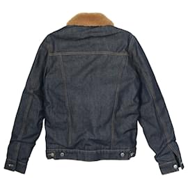 Sandro-Sandro Paris Shearling Trucker Jacket in Blue Cotton Denim-Blue,Navy blue