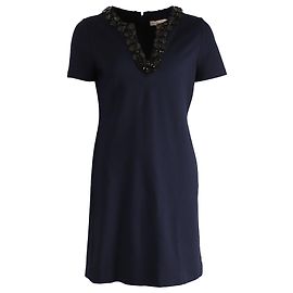 Tory Burch Ayla Vestido Ponte com Decote Enfeitado em Viscose Azul Marinho Azul Azul marinho