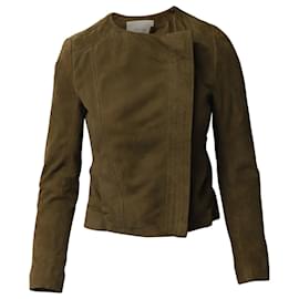 Maje-Maje Asymmetric Zipped Jacket in Olive Suede-Green,Olive green